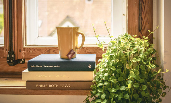 Pile of books, plant, and a cup of tea in a window sill