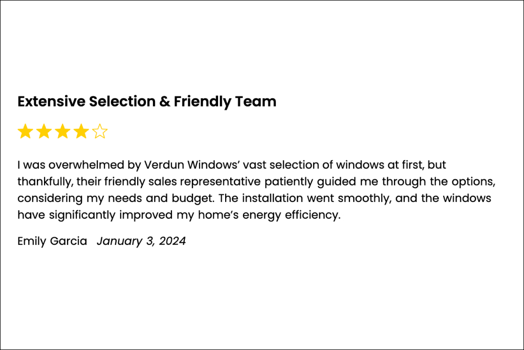 A Verdun Windows review left by a happy customer who received energy-efficient windows 